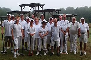 The contestants lined up for a photo shoot by Barbara Wallace at the Nine wicket 2019 Nationals, Hartsfield, VA.
Players from around the north east United States played croquet for 3 days to determine the winners in two flights of play: Championship Singles, First Flight Singles, and Doubles. | Photo by Macey White Nine wicket 2019 Nationals, Hartsfield, VA